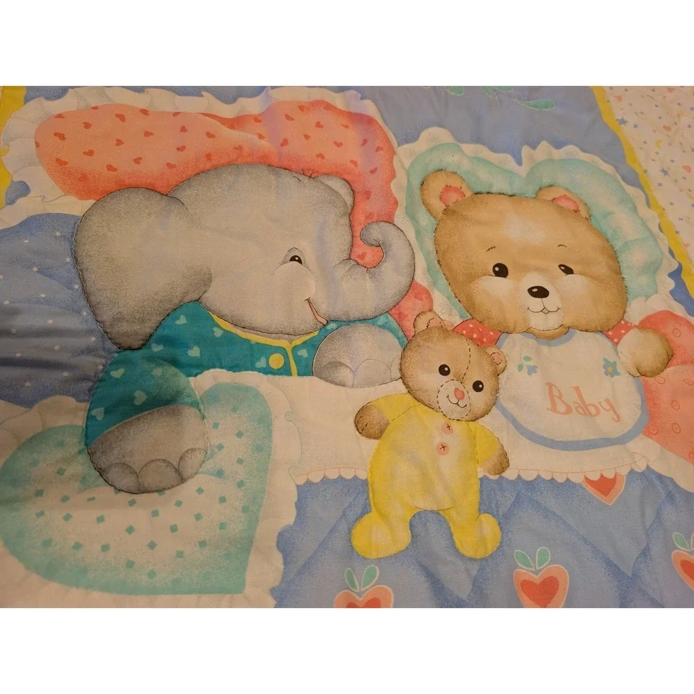 VTG Baby Crib Quilt Blanket Bear Elephant Duck Hearts Nursery Handmade Ruffle